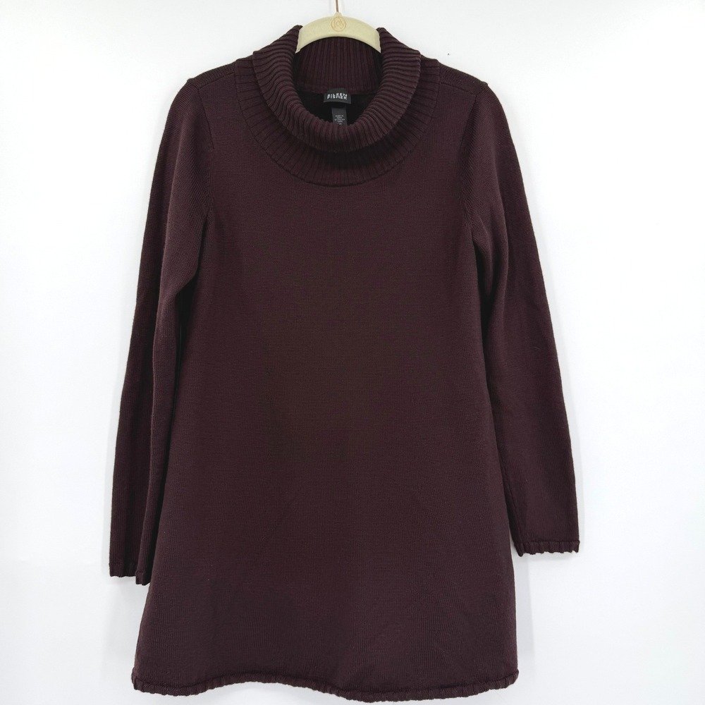 Eileen Fisher 100% Merino Wool Cowl Neck Tunic Sweater Burgundy XS Oversized